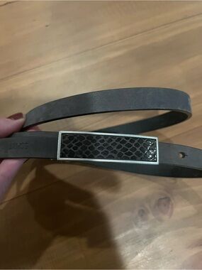 Grey Leather Belt with Textured Rectangular Buckle